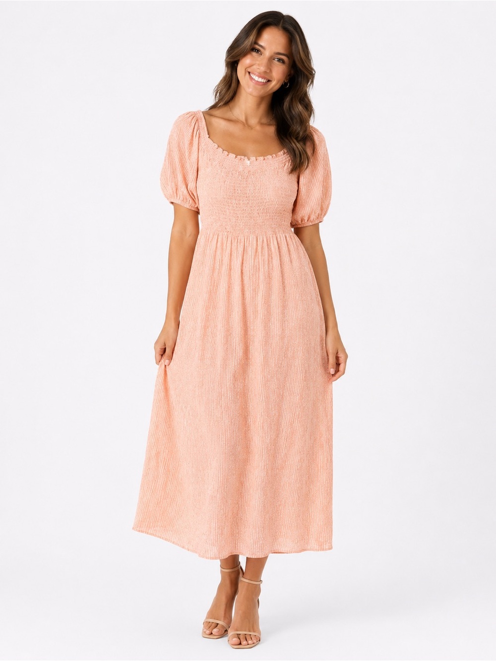 nlt Size Medium Peach Puff Sleeve Smocked Midi Dress‎